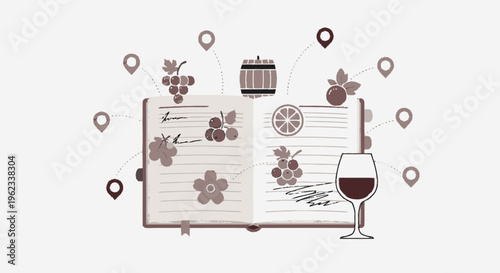 Open Wine Journal with Tasting Notes and Vineyard Locations.
