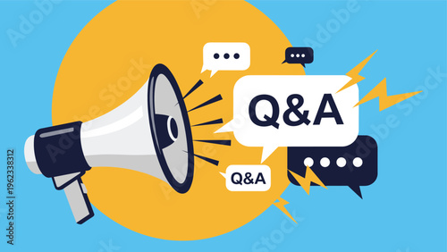 Loud megaphone announces "Q&A" with accompanying speech bubbles, symbolizing interactive questions and answers, and clear information sharing.
