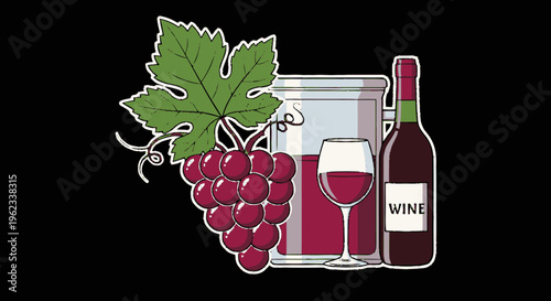 Red Grapes Wine Bottle Glass and Leaf Illustration.
