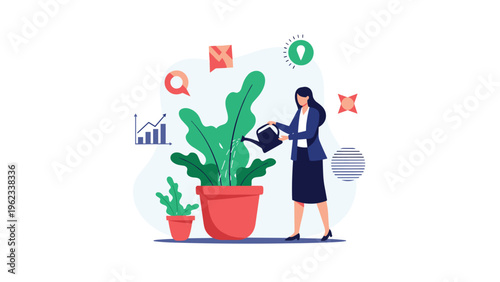 Woman diligently waters a potted plant, surrounded by various business icons, symbolizing strategic business growth and nurturing investments.