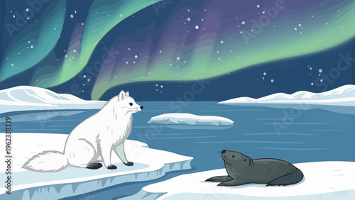 Arctic fox and seal resting on icy shoreline under northern lights display