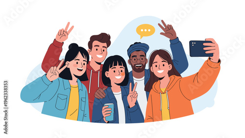 Diverse group of joyful friends happily takes a selfie, flashing peace signs and big smiles, symbolizing strong friendship and vibrant diversity.