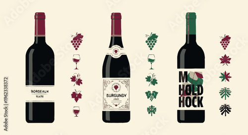 Three bottles of wine with decorative elements.