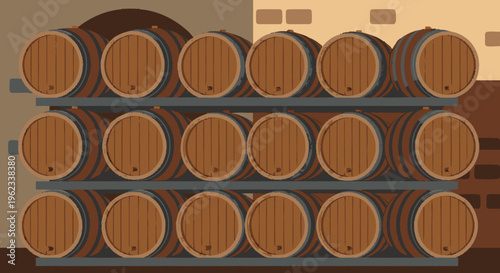 Stacked Wooden Barrels in Storage.