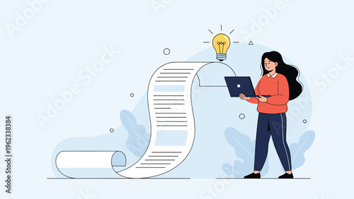 Woman stands with a laptop next to a long scrolling document and a glowing lightbulb, symbolizing creative content writing and innovative project planning.
