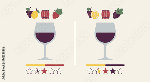 Two glasses of red wine with tasting notes and ratings.