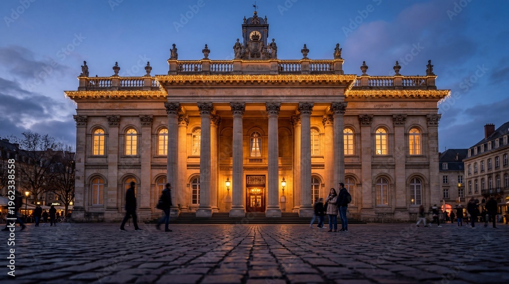 Obraz premium ** Grand Neoclassical Building at Night in Place Stanislas Nancy France with Cobblestone Square