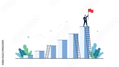 Determined businessman stands triumphantly atop a towering bar graph, holding a red flag, symbolizing ultimate business achievement and leadership success.