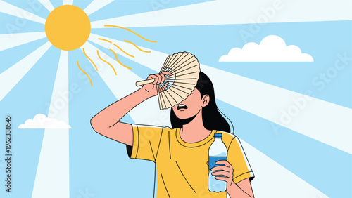 Woman fans herself and drinks water under a scorching sun, symbolizing crucial heatstroke prevention and relief from intense summer heat.
