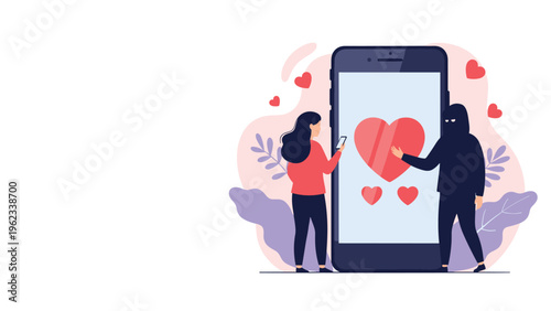 Woman interacts with a mobile phone displaying hearts, while a masked person attempts to steal a heart, symbolizing online dating scams and romance fraud.