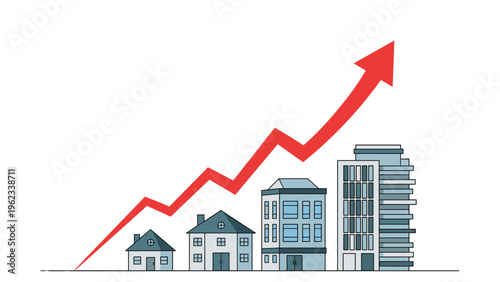 Increasing red arrow going up over various types of houses and buildings symbolizing real estate growth and market success.