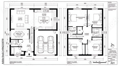 Detailed architectural house floor plan with rooms and measurements for construction or design purposes.