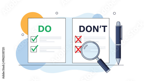 Comparison of do and dont checklist pages with green check marks and red crosses using a magnifying glass for inspection.