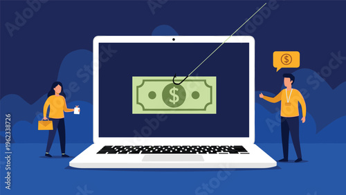 Cyber crime phishing concept with a dollar bill on a fishing hook inside a laptop screen targeting unsuspecting people.