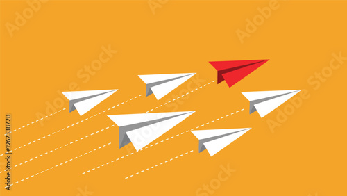 Leader red paper airplane flying ahead of multiple white paper planes on an orange background showing leadership and vision.