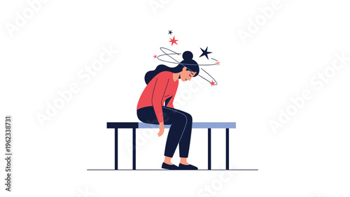 Woman sits slumped on a bench, clutching her head with swirling stars, symbolizing intense dizziness, overwhelming fatigue, or general illness.