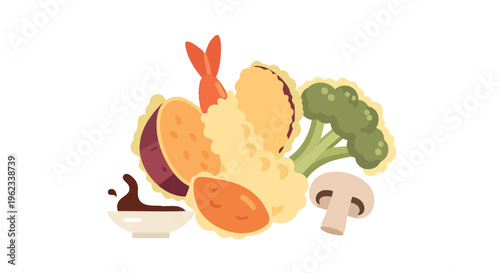 A vibrant food illustration depicts a Japanese dish featuring battered vegetables and shrimp alongside a dipping sauce and mushrooms