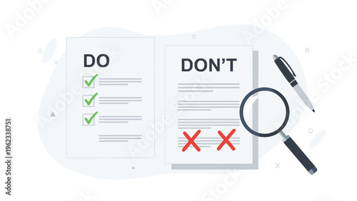 Comparison of do and dont document with check marks and red crosses featuring a magnifying glass for closer inspection.