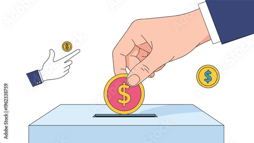 Hand putting a gold coin with a dollar sign into a light blue donation or ballot box representing charity or voting.