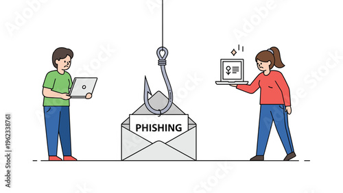 Fraudulent phishing email concept with a hook catching a message while people use laptops representing cyber threats.
