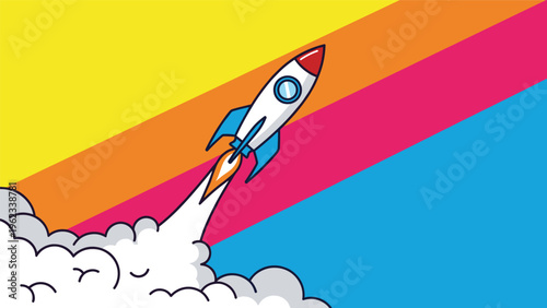 Colorful rocket launching upwards with fire and smoke against a diagonal rainbow background representing creative success.