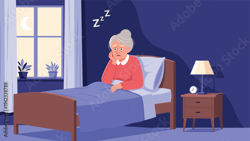 Elderly woman lies awake in bed at night, looking sad and unable to sleep, with Zzz symbols, symbolizing severe insomnia and anxiety.