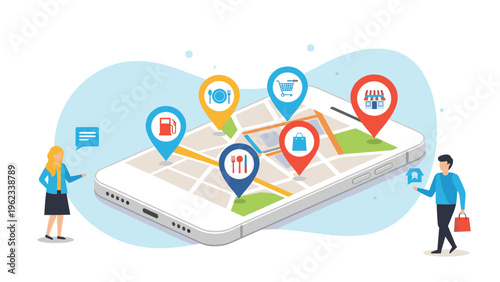 Large smartphone displaying a city map with various service location pins while two people walk beside it in the city.