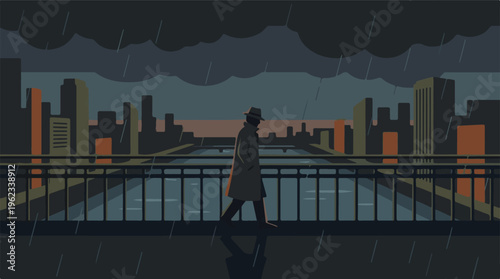 Man in trench coat and fedora walking on a city bridge during a rainy night