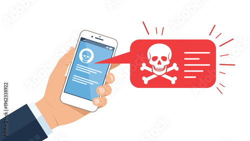 Close up of a hand holding a mobile smartphone with a red skull and crossbones virus alert notification on the screen.