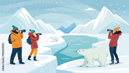 Tourists photographing polar bears in arctic landscape with snowy mountains and icy water