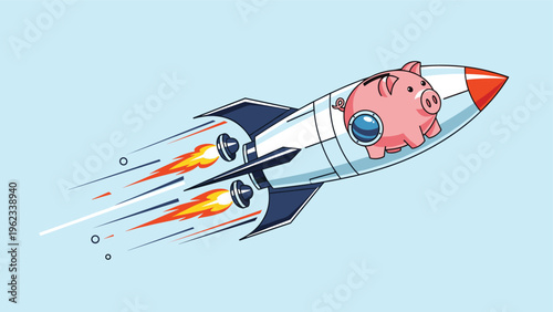 Financial savings concept depicted as a piggy bank launching into space aboard a rocket, symbolizing rapid growth and investment success.