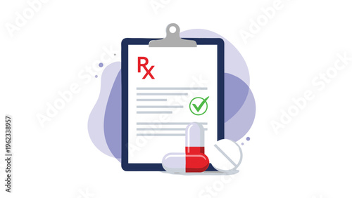 Official medical prescription on a clipboard with two capsules and a round tablet representing health care and pharmacy.