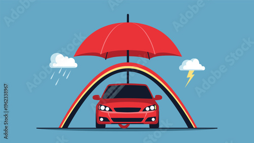 Red car protected by a giant red umbrella and a colorful rainbow from rain and lightning representing insurance.