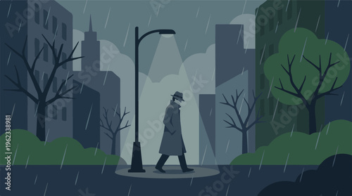 Mysterious man in trench coat walking on a rainy city street at night