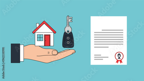 Hand holding a small house and car keys next to a signed legal contract with a red seal on a blue background.