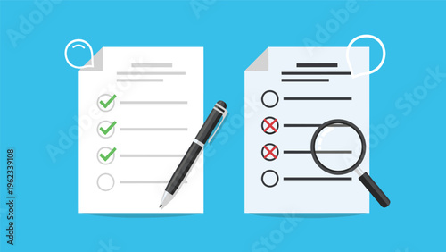 Comparison of documents showing approved and rejected checklists with a pen and a magnifying glass for auditing and quality control purposes.