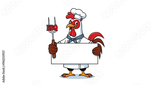 Cheerful cartoon rooster chef wearing a toque and apron, proudly holding a BBQ fork and a blank sign, ready for grilling.