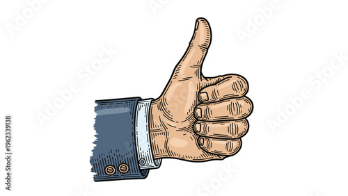 Human hand in a suit sleeve giving a thumbs-up gesture, symbolizing approval, success, agreement, and positive feedback.