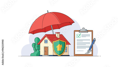 Home insurance protection concept showing a residential house under a large red umbrella with a safety shield and policy document.