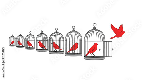 Freedom and liberation concept showing a line of birdcages where one red bird has escaped and is flying away from its confinement.