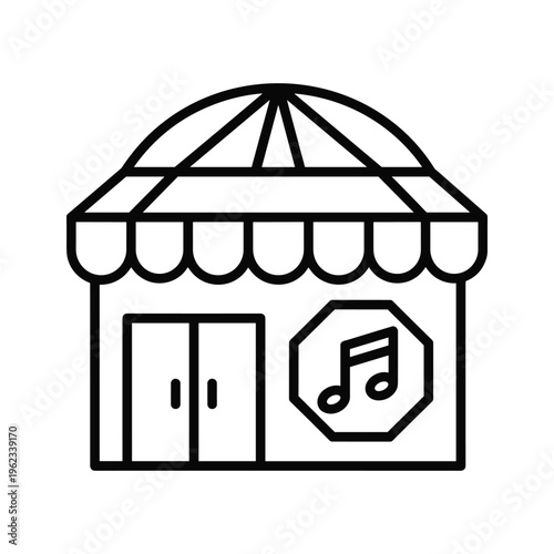 A stylized illustration of a music storefront with an awning and musical note sign