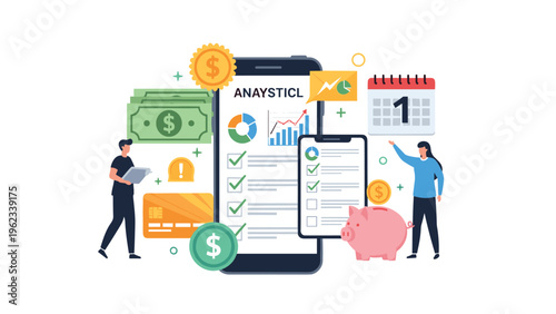 Financial analytics and mobile banking concept with people managing money through a smartphone app featuring charts and currency symbols.