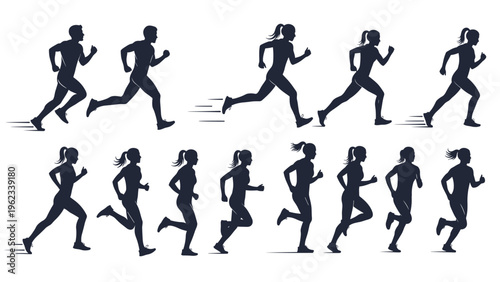 Collection of male and female runner silhouettes in various dynamic poses, illustrating movement, speed, and fitness for sports and exercise.