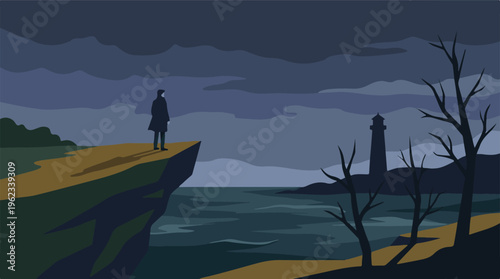 Solitary man on cliff overlooking dark stormy sea with distant lighthouse