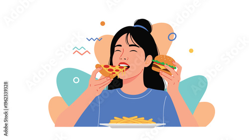 Young woman indulging in a variety of fast food items like pizza, a burger, and french fries, depicting unhealthy eating habits.