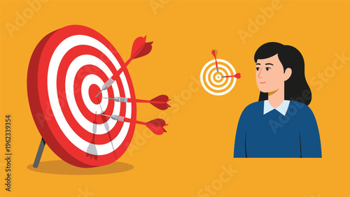 Goal setting and achievement concept with a woman looking at a target with multiple arrows hitting the center representing business success.