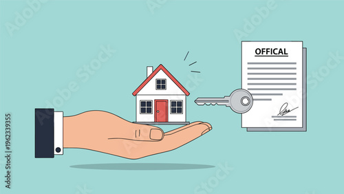 Property transaction and home buying process with a hand holding a house model next to a key and an official signed agreement.