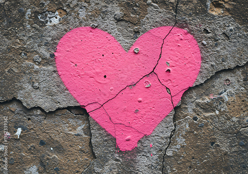 Cracked pink heart painted on a weathered stone wall with peeling paint layers