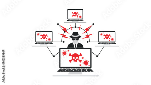 Global cyber threat and hacker network concept featuring a mysterious figure in a hat connected to various infected computer systems.
