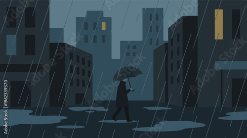 Solitary figure with umbrella walks on a dark, rainy city street